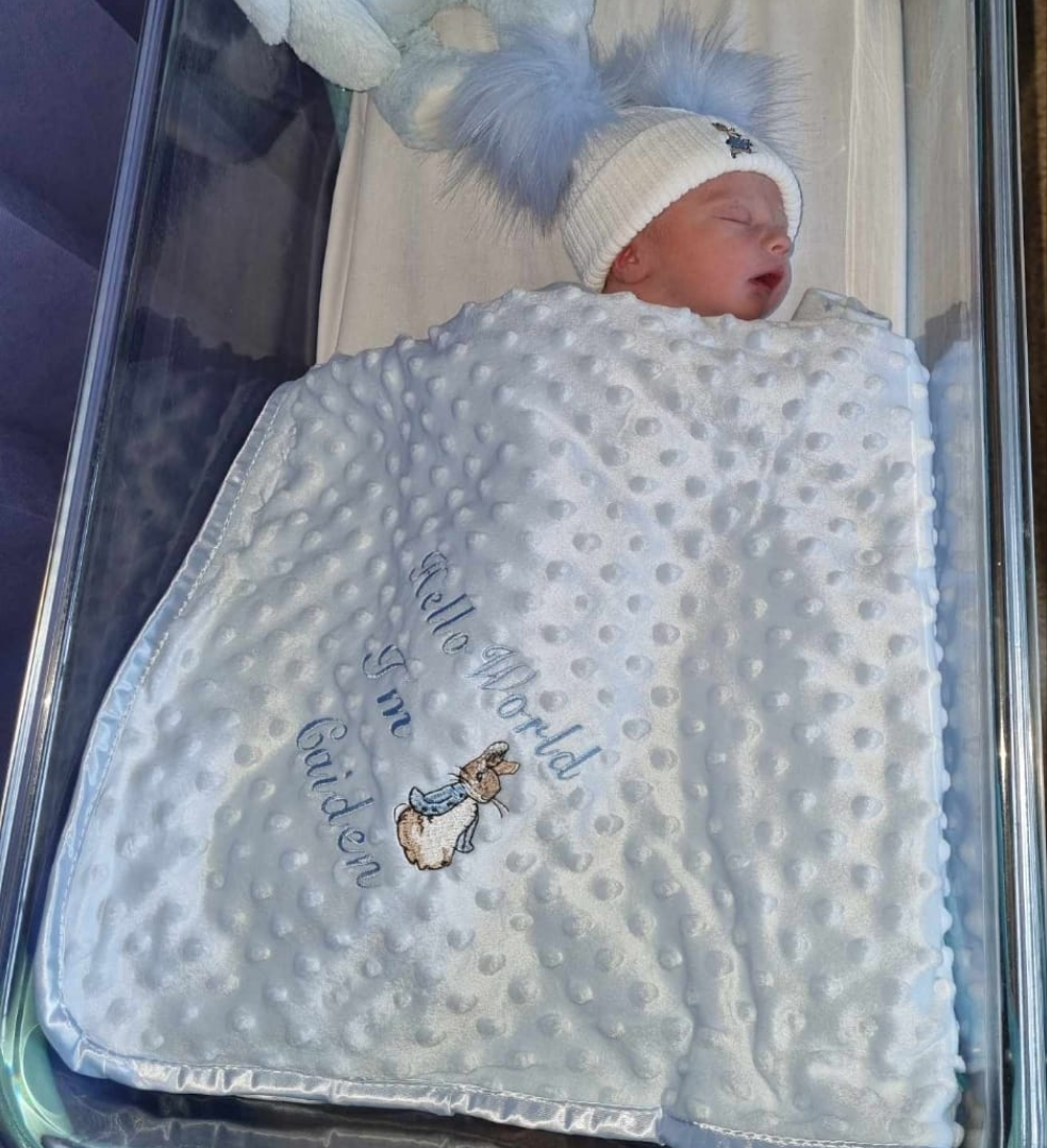 Personalised Hello World Blue Dimple Blanket/Wrap With Embroidered Blue Rabbit