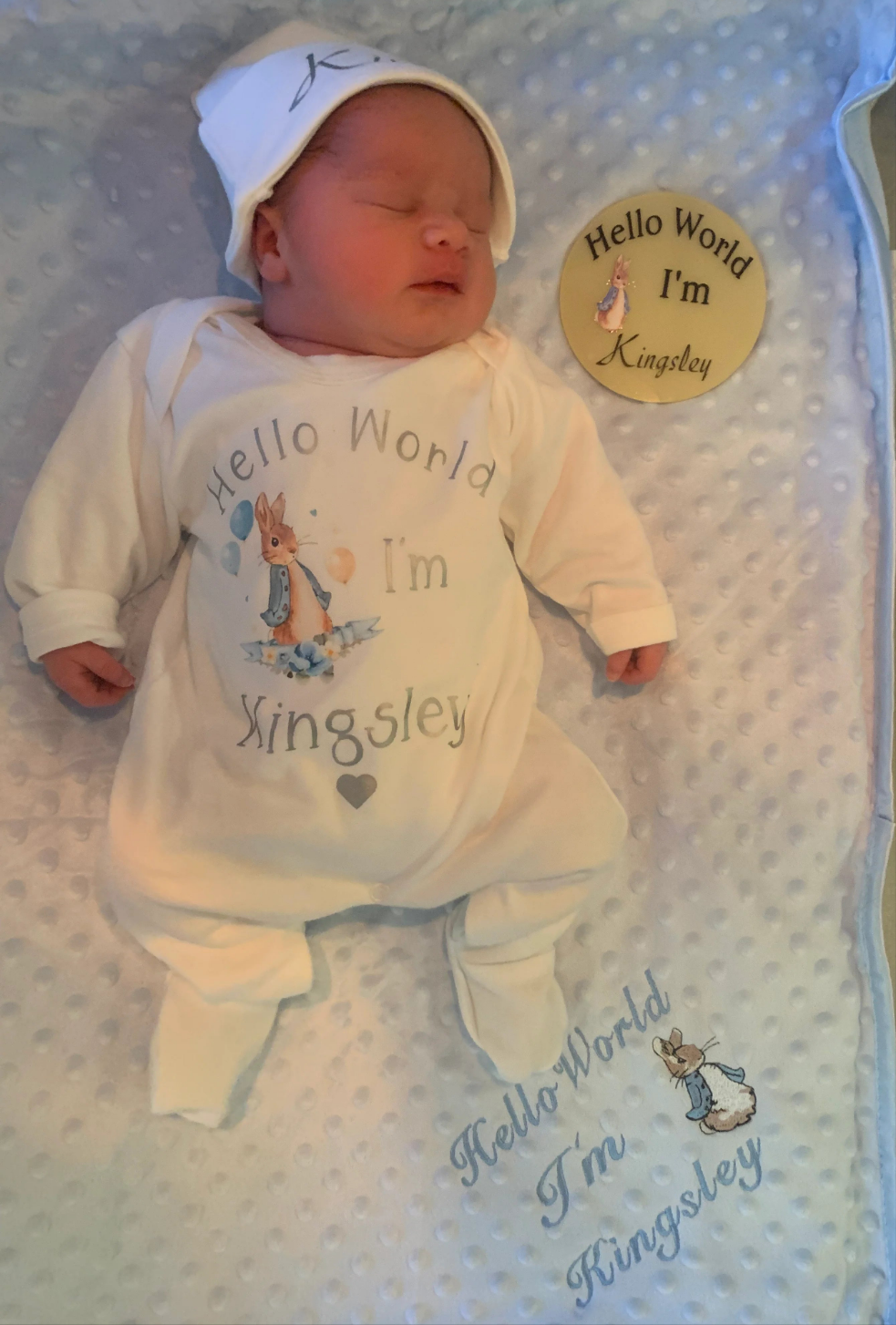 Personalised Hello World Blue Dimple Blanket/Wrap With Embroidered Blue Rabbit