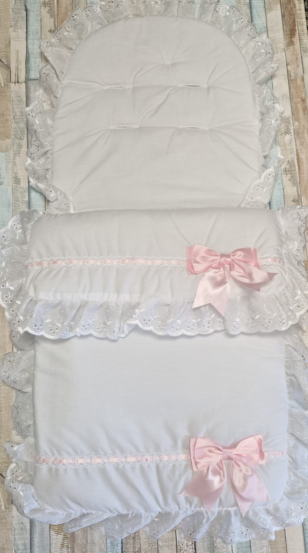 Baby Girls White Frill Footmuff/ Cosytoes With Pink Satin Side Bow