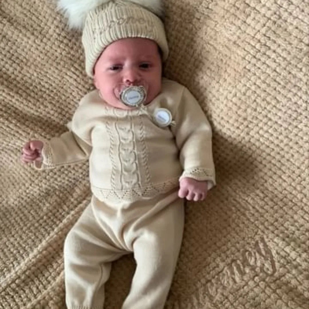 Personalised Baby Beige Double Fluffy Faux Fur Pom Knitted Hat