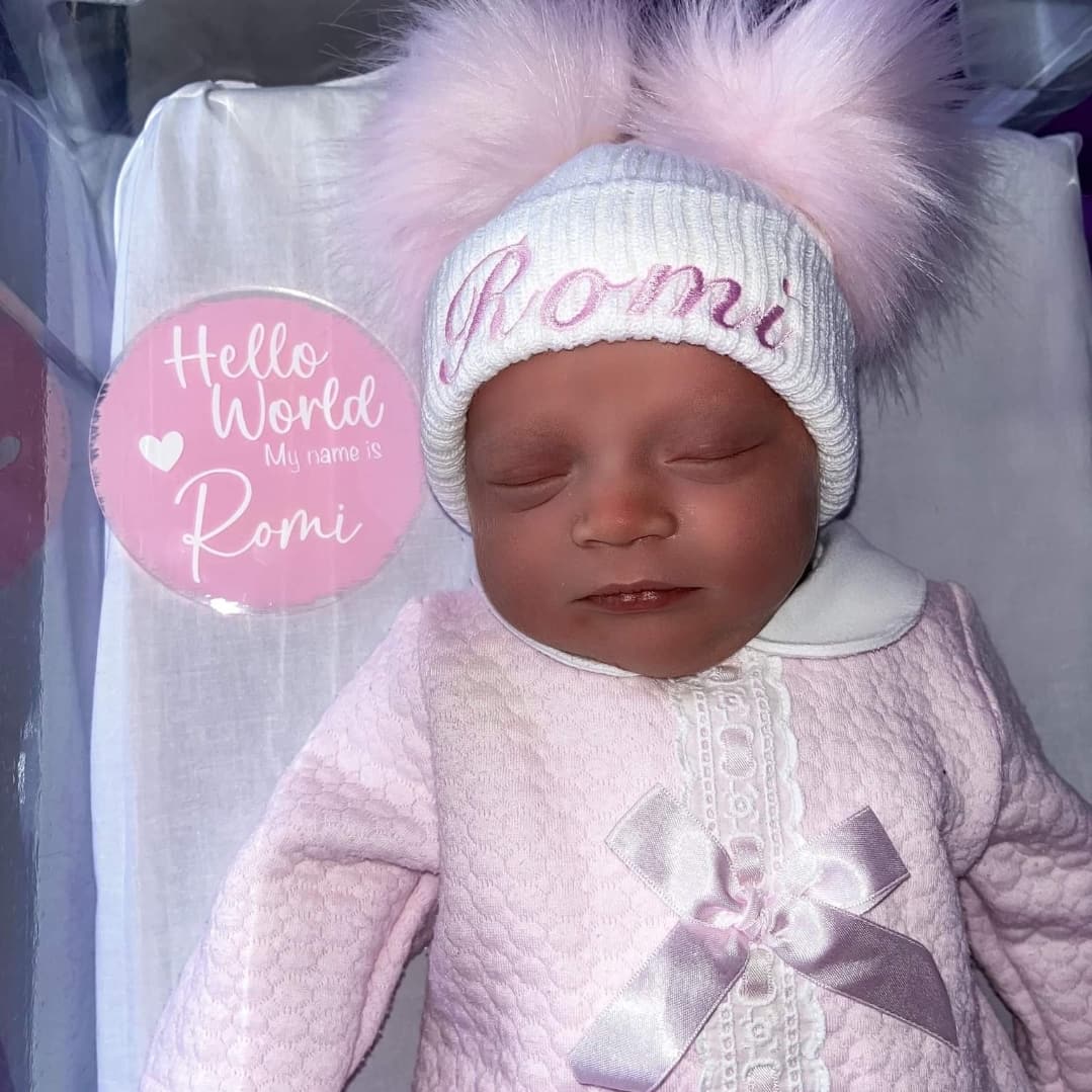 Personalised Baby White Knitted Double Pink Fluffy Faux Fur Pom Hat