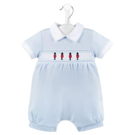 Baby Boys Blue And White Little Soldier Smocked Romper
