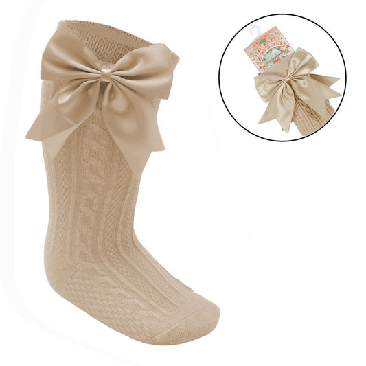 Baby Girls Large Bow Beige Knee Socks