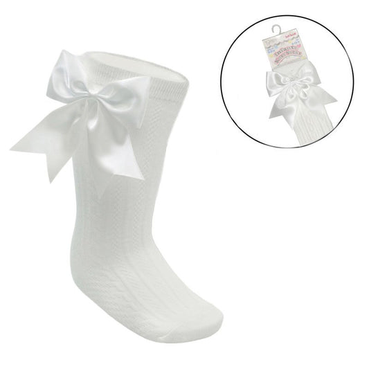 Baby Girls Cream Knee Length Socks With Large Ribbon Bow