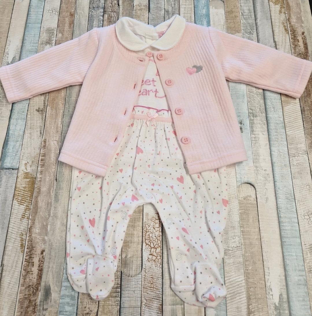 Baby Girls White And Pink Hearts And Sweetheart Babygro Set
