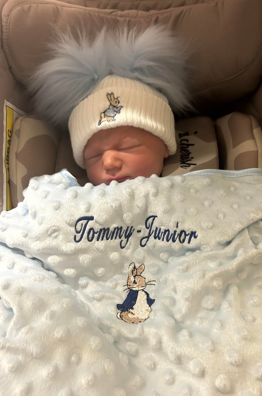 Personalised Blue Dimple Baby Wrap /Blanket With Blue Rabbit