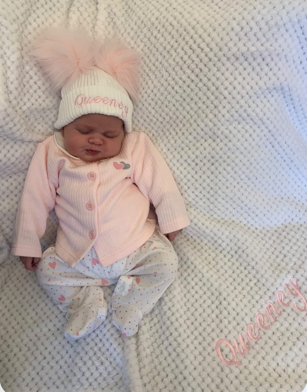 Personalised Baby White Knitted Double Pink Fluffy Faux Fur Pom Hat
