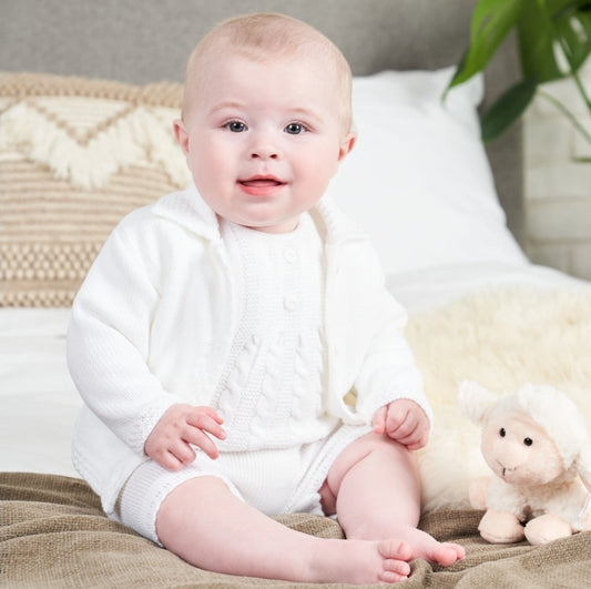 Unisex Baby White Knitted Cardigan With Collar