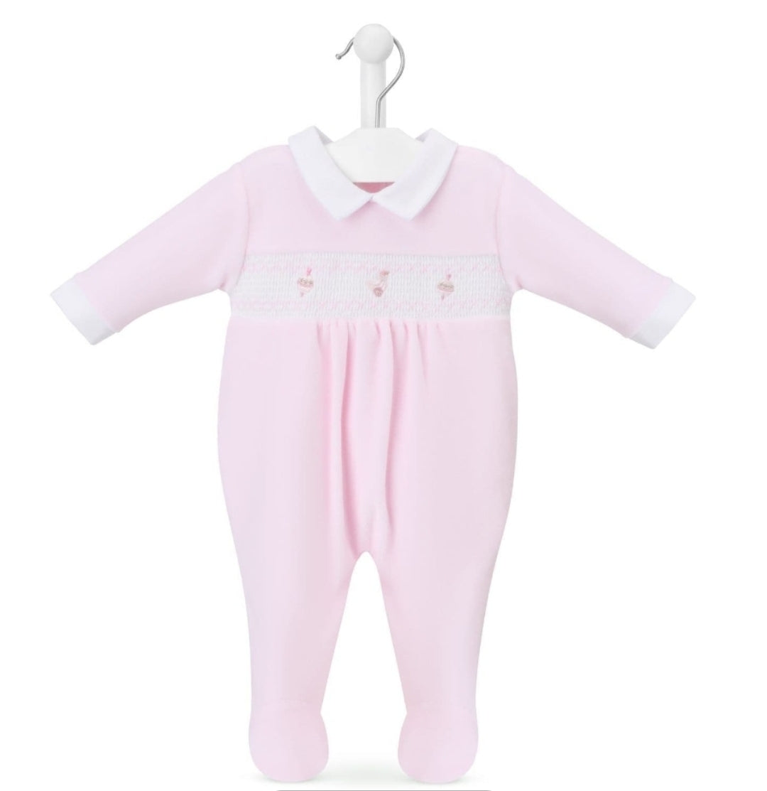 Baby Girls Pink Velour Spinning Top Smocked Sleepsuit