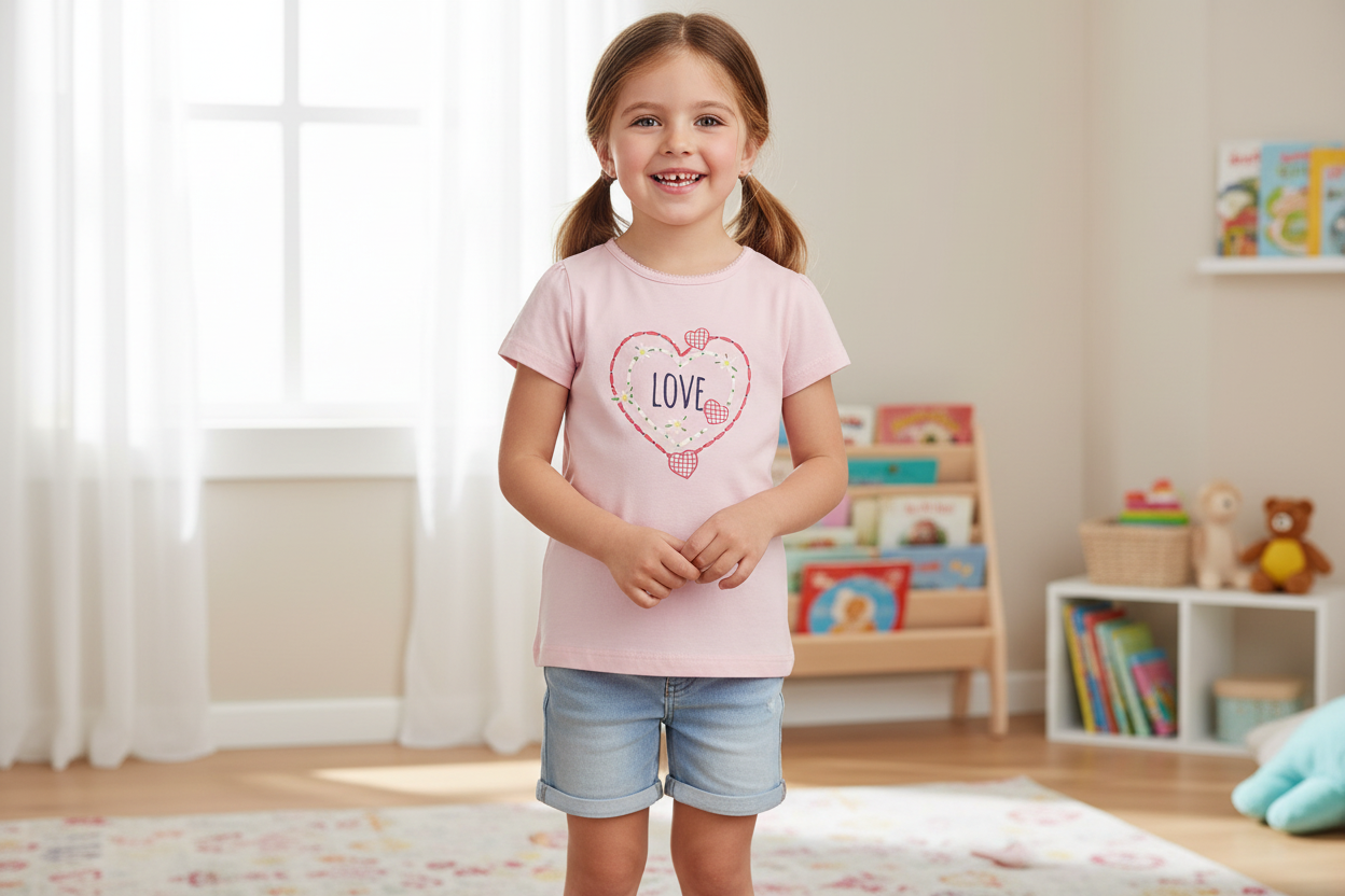 Nana' Special Buys Girls Blue Seven Pink Love Short Sleeved T Shirt