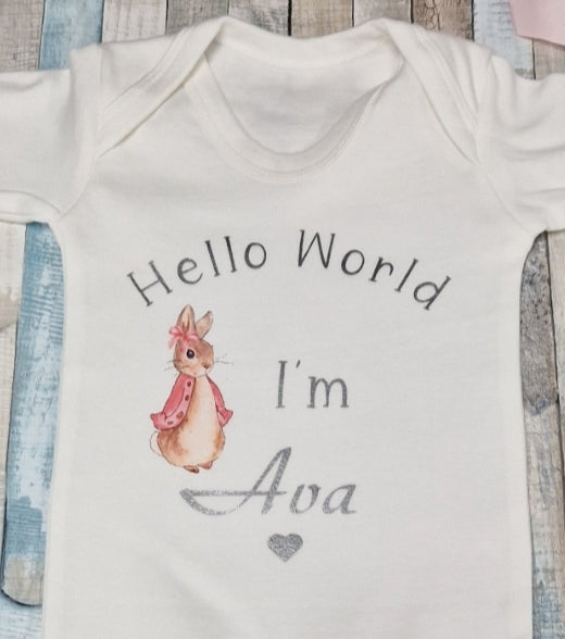 Baby Girls Newborn White Personalised Babygro With Printed Hello World Pink Rabbit