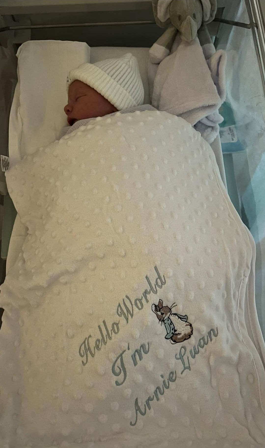 Personalised Hello World White Dimple Blanket/Wrap With Embroidered Blue Rabbit Design