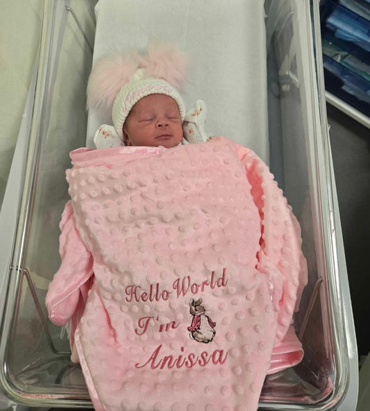 Personalised Hello World Pink Dimple Blanket/Wrap With Embroidered Pink Rabbit Design