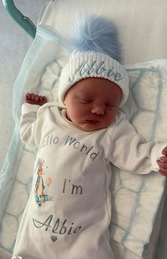 Baby Boys Newborn White Personalised Babygro With Printed Hello World Blue Rabbit