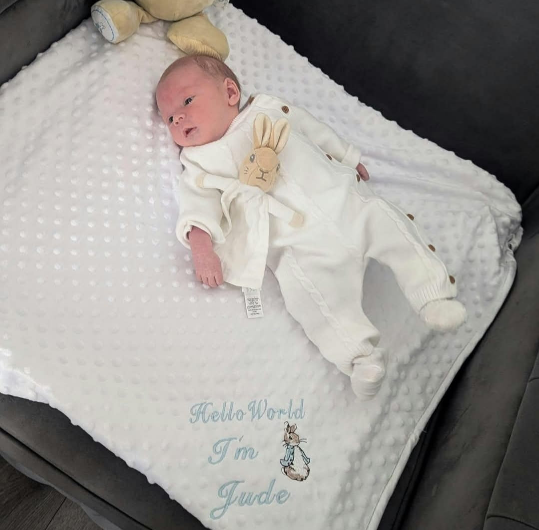 Personalised Hello World White Dimple Blanket/Wrap With Embroidered Blue Rabbit Design