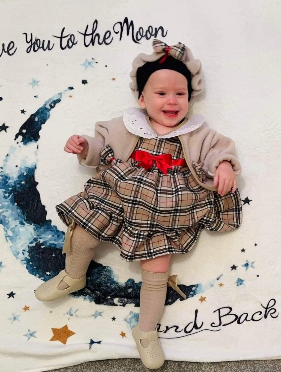 Baby Girls Beige Tartan Dress With Matching Jacket & Hat
