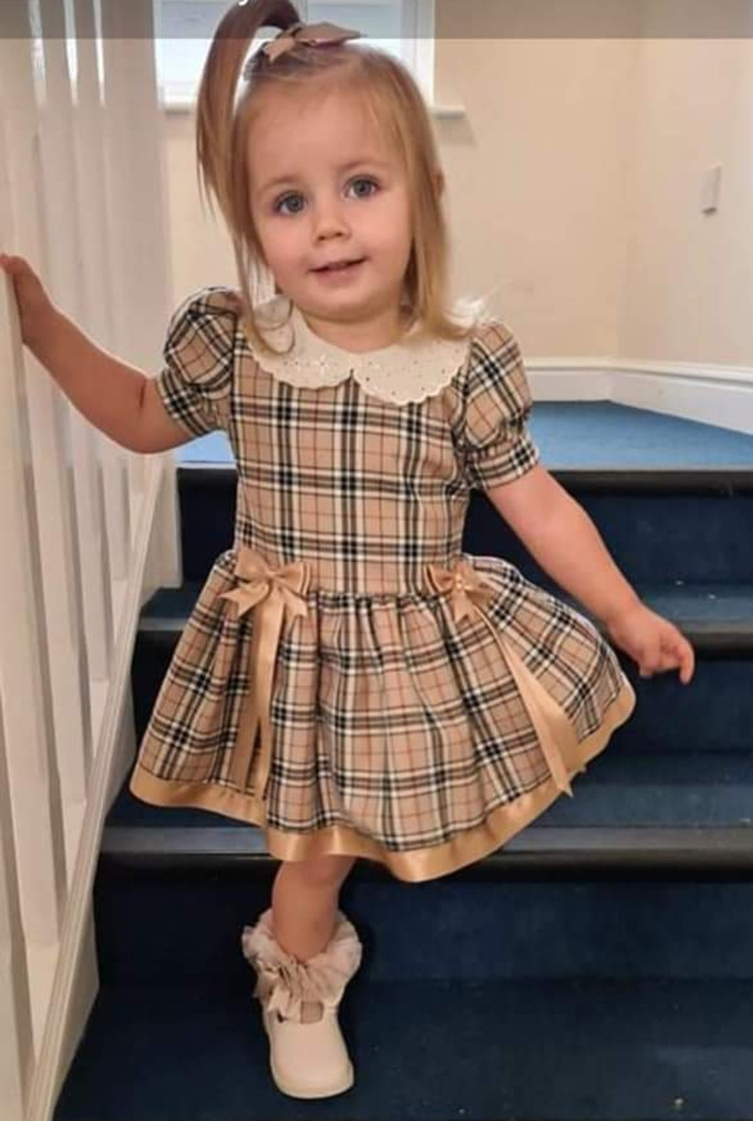 Baby Girls Gold & Beige Tartan Dress