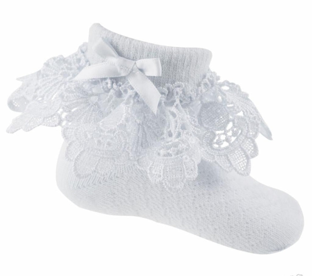 Baby Girls Soft Touch White Deep Lace Bow Ankle Socks