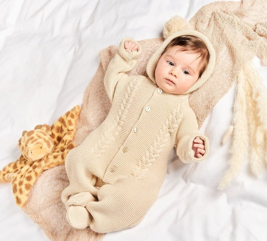 Unisex Baby Beige Cable Knit Hooded Pramsuit