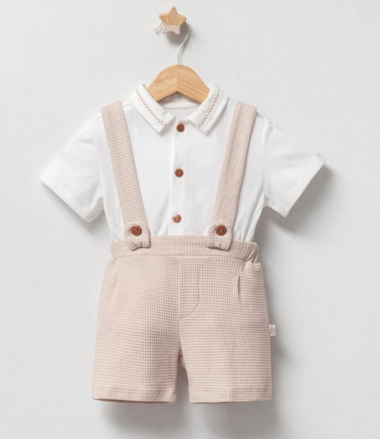 Baby Boys Cream And Beige Dungaree Short Set