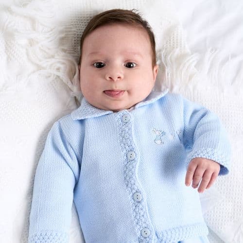 Baby Boys Blue Bunny And Flower Knitted Cardigan