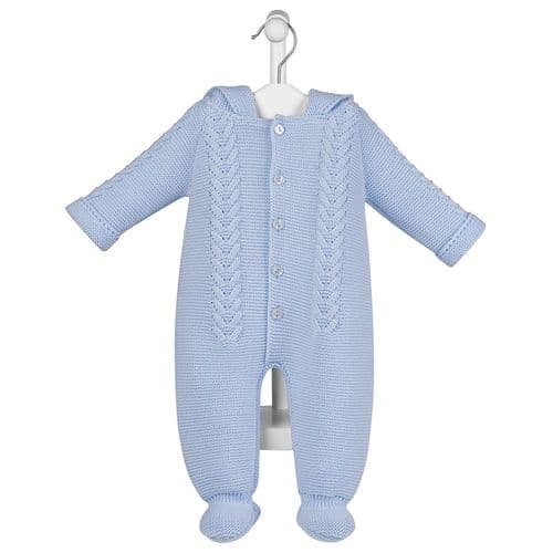 Baby Boys Blue Cable Knit Hooded Pramsuit