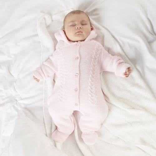 Baby Girls Pink Cable Knit hooded Pramsuit