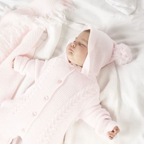 Baby Girls Pink Cable Knit hooded Pramsuit