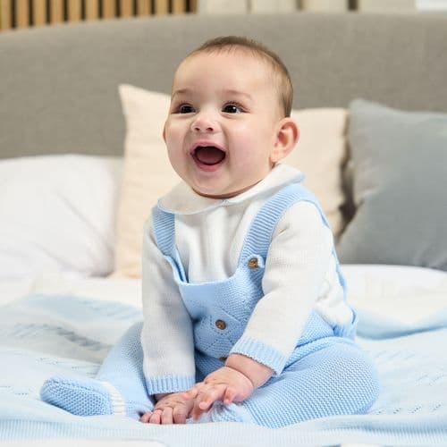 Baby Boys Blue And White Dandelion Knitted Dungaree Set