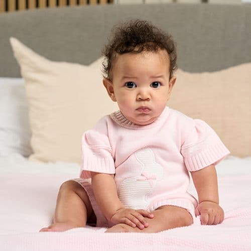 Baby Girls Pink And White Knitted Rabbit Romper