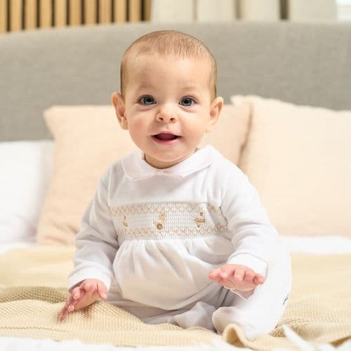 Unisex Baby White Velour Spinning Top Smocked Sleepsuit