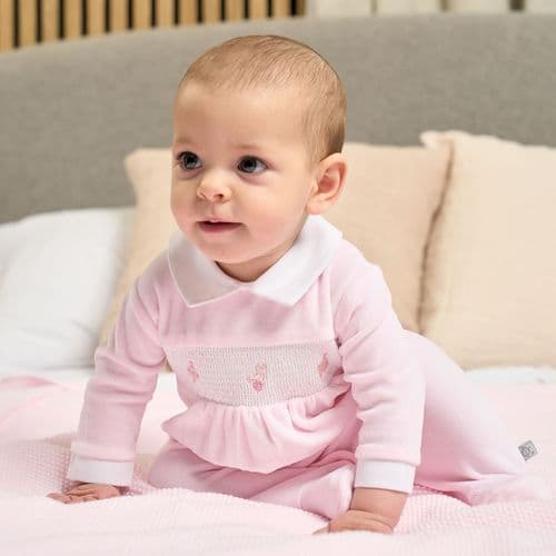 Baby Girls Pink Velour Spinning Top Smocked Sleepsuit