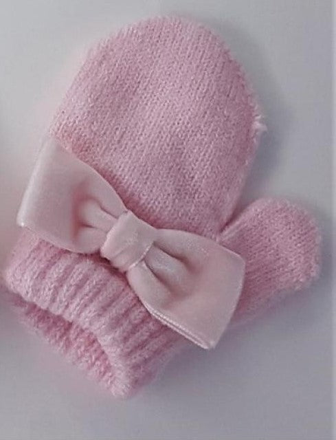 Baby Girls Knitted Mittens With Velvet Bow