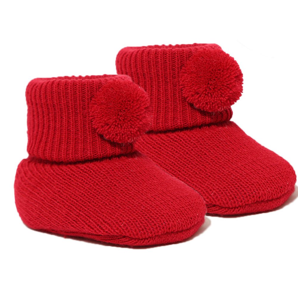 Unisex Baby Red Knitted Booties With Pom Pom