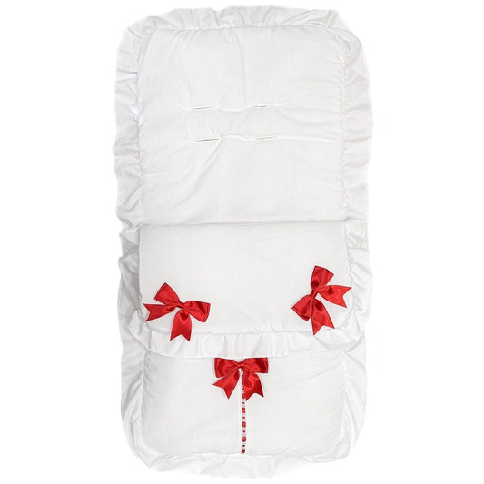 Unisex Baby Plain White Broderie Anglaise And Red Satin Bow Universal Pushchair Cosytoes/Footmuff