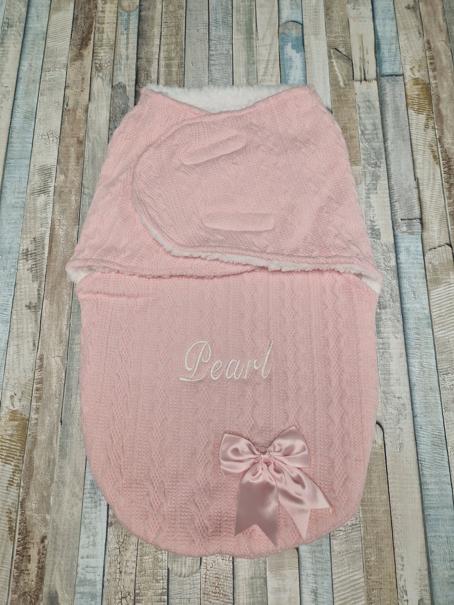 Personalised Baby Girls Pink New Cable Style Swaddle With Satin Bow
