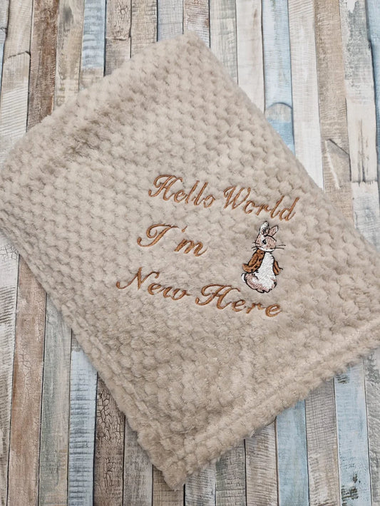 Unisex Baby Hello World I'm New Here Taupe Waffle Blanket/Wrap With Embroidered Gold Rabbit Design
