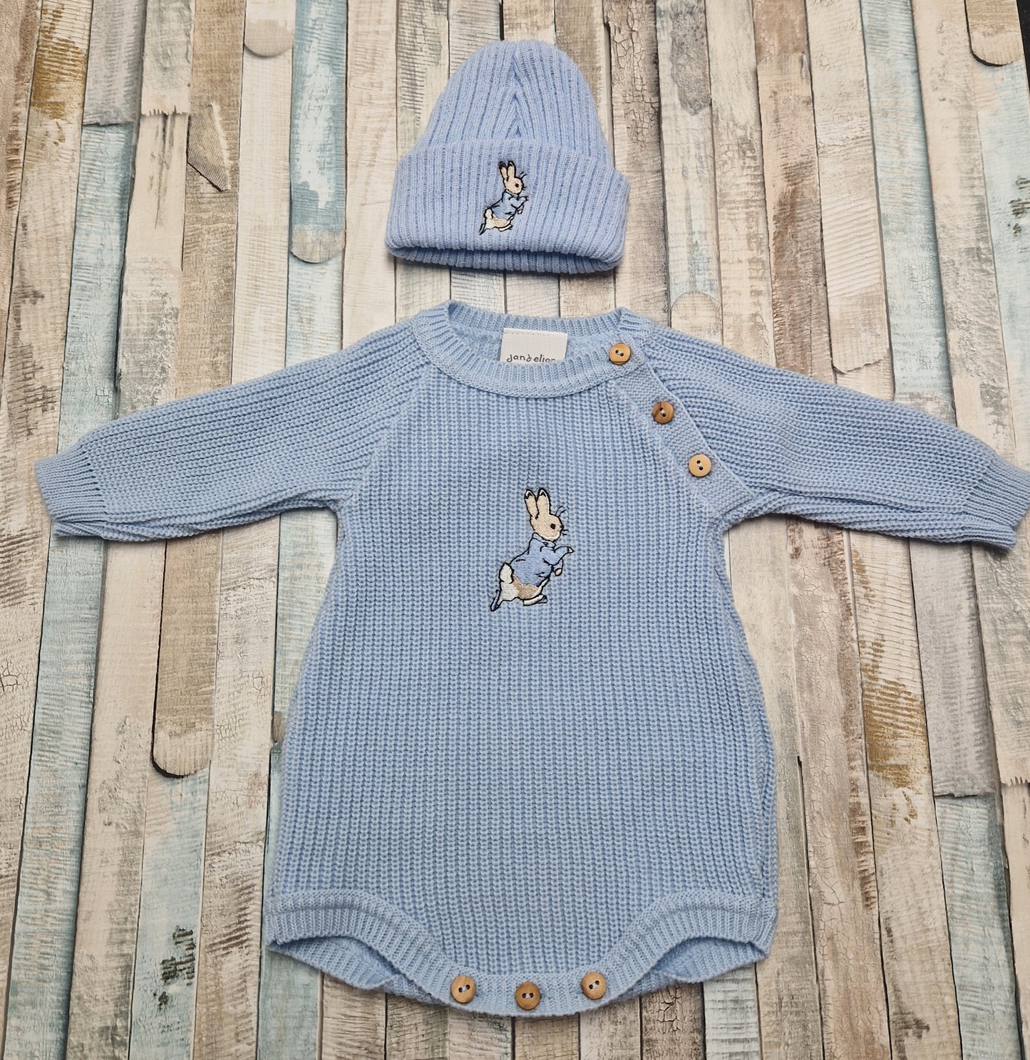 Baby Boys Blue Knitted Rabbit Romper And Beanie Hat