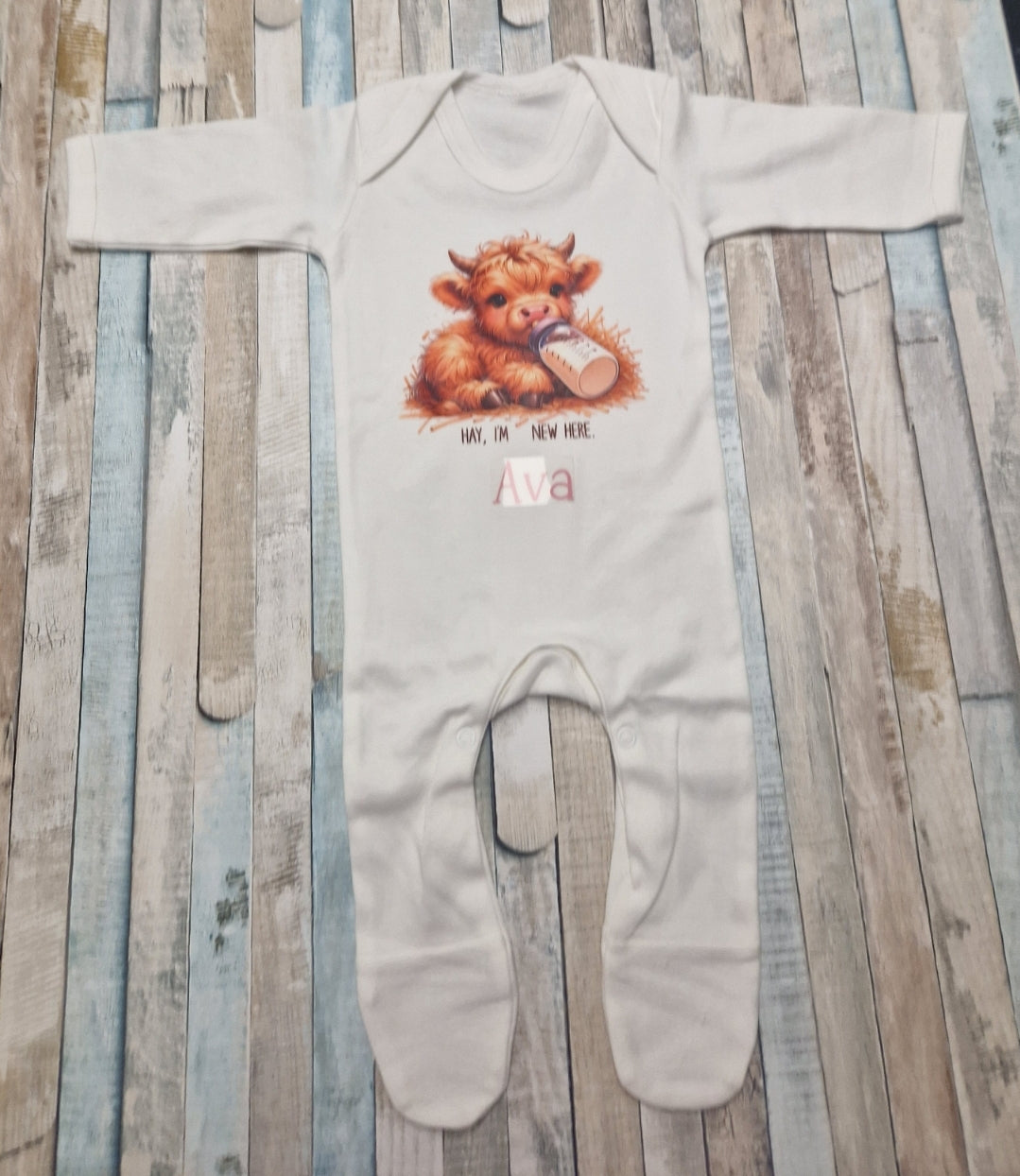 Personalised Baby Highland Cow Hay Im New Here Printed Newborn Babygro