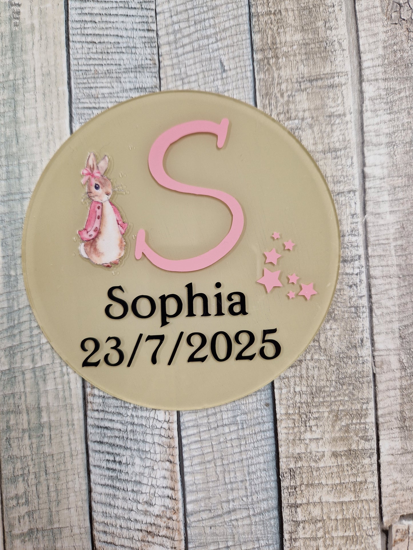 Baby Girls Pink Rabbit Name And Initial Announcement Disc