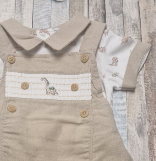 Baby Boys Beige Smocked Dinosaur 2 Piece Dungaree Set