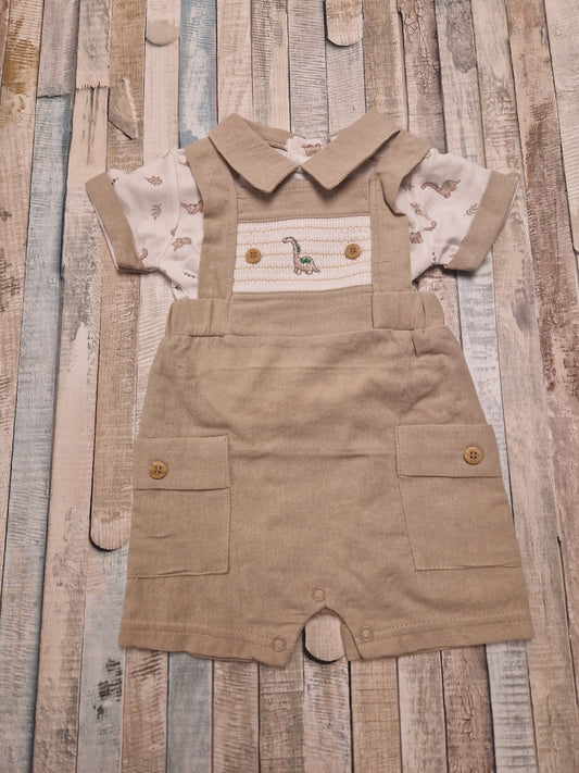 Baby Boys Beige Dinosaur Dungaree 2 Piece Short Set