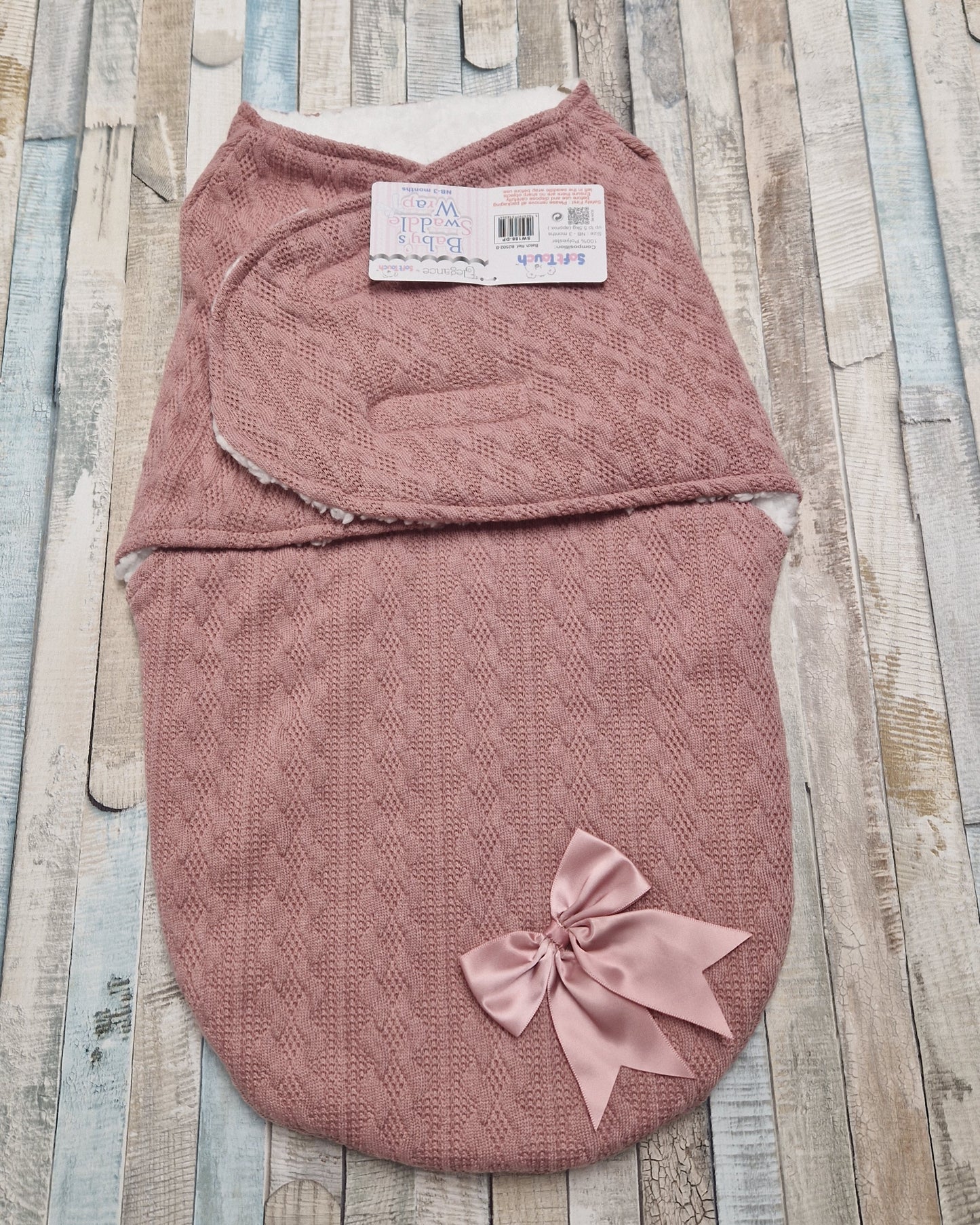 Baby Girls Dusky Pink New Cable Style Swaddle With Satin Bow