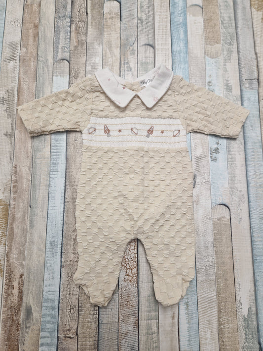 Premature Baby Boys Beige Space Design Smocked Babygro