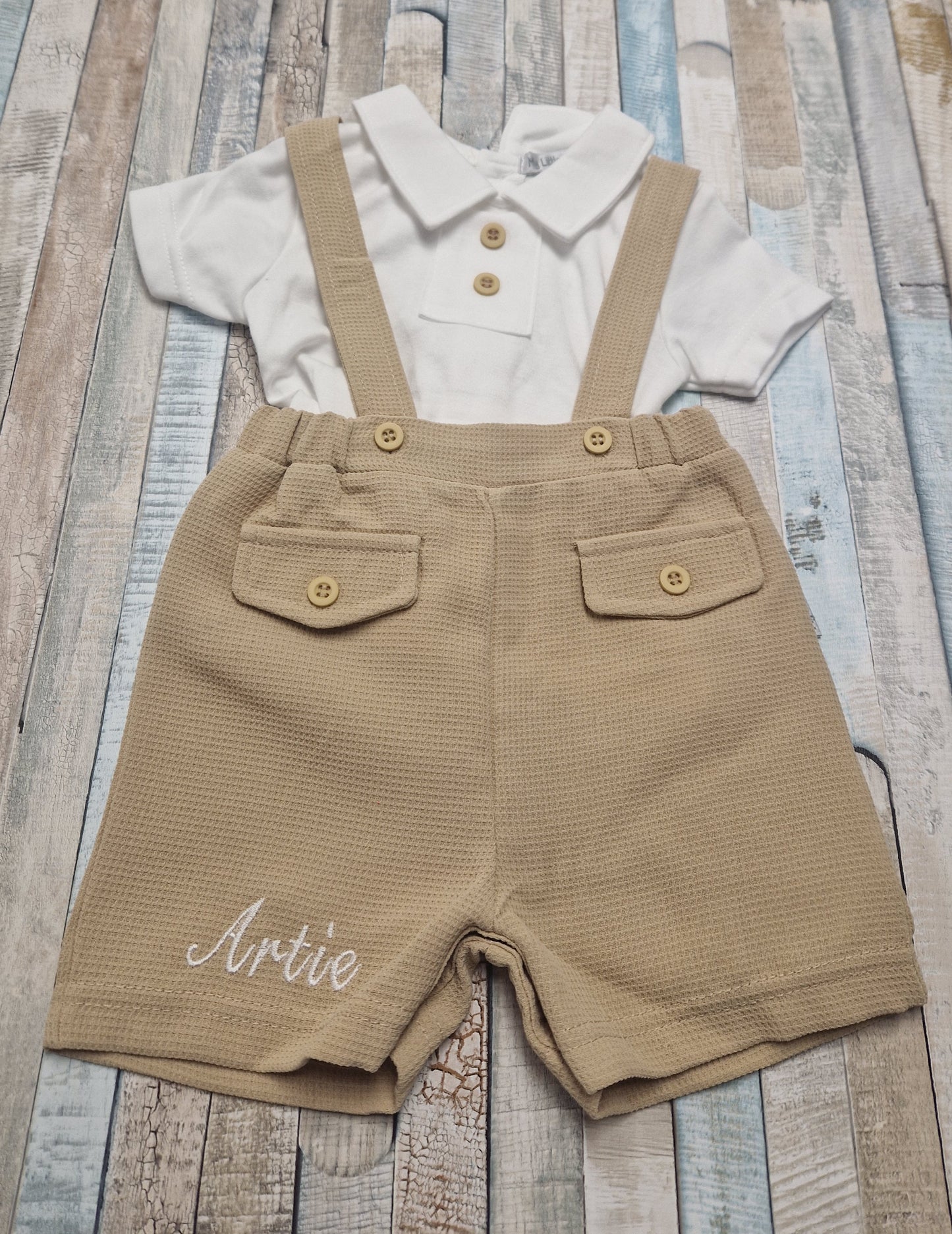 Baby Boys Beige Dungaree Short Set With White Shirt