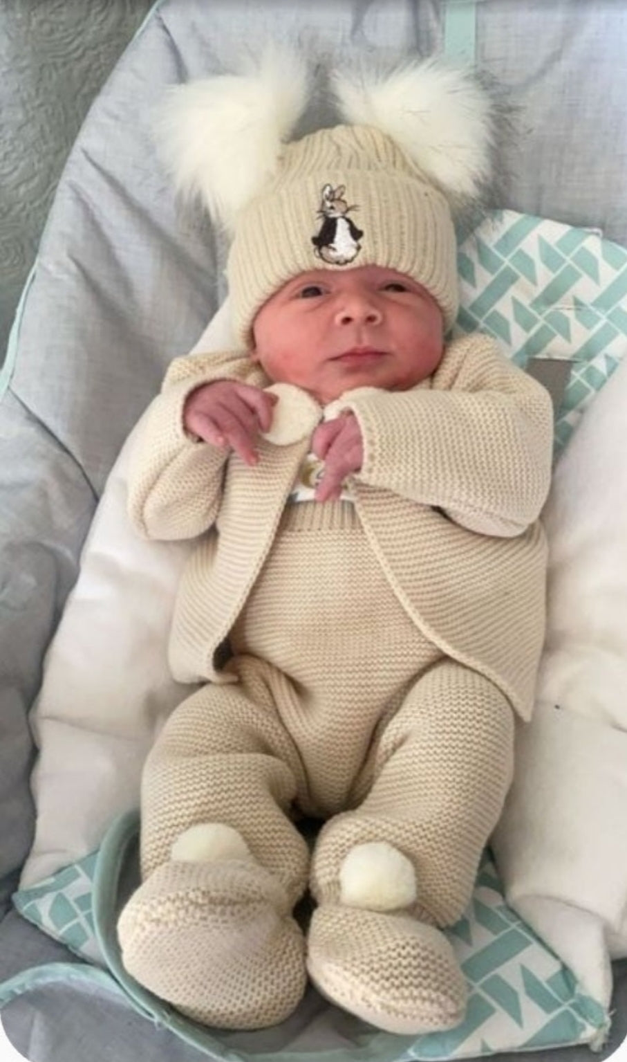 Unisex Baby Beige Knitted Pom Pom Set With Brown Embroidered Rabbit Design