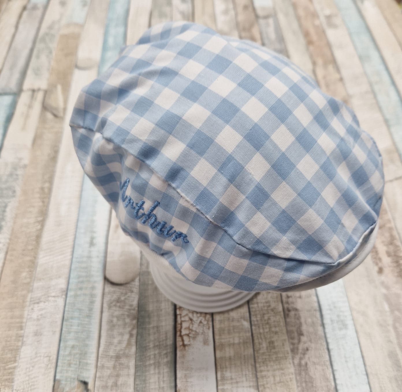 Personalised Baby Boys Blue And White Checked Flat Cap