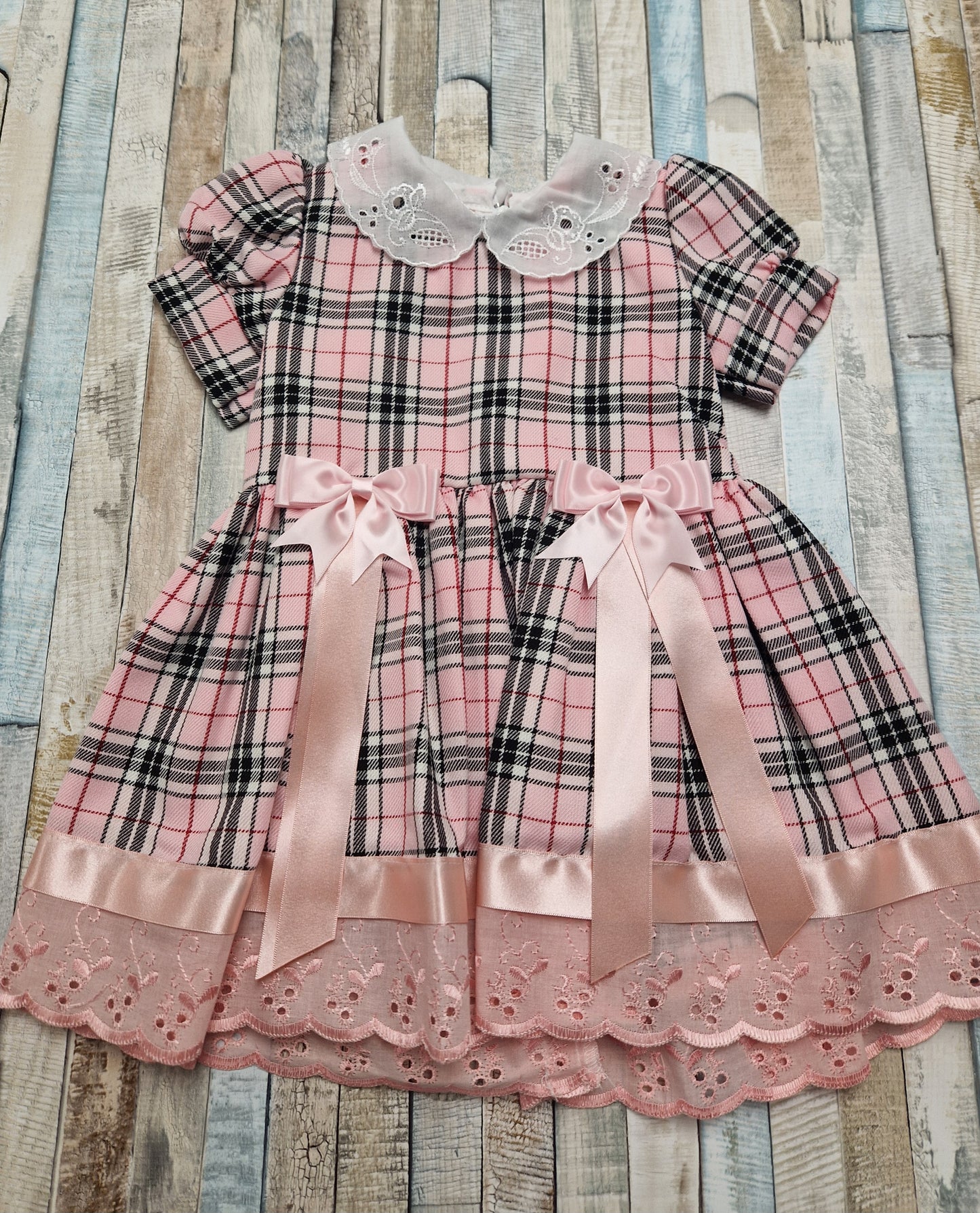 Nana's Special Buys Pink Tartan Dress With Lace Trim