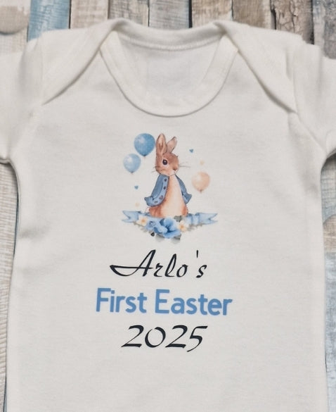 Baby Boys Newborn White Personalised First Easter Babygro With Printed Blue Rabbit