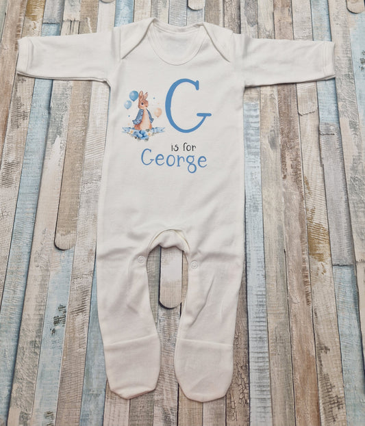 Personalised White Babygro With Printed Blue Rabbit Initial And Name